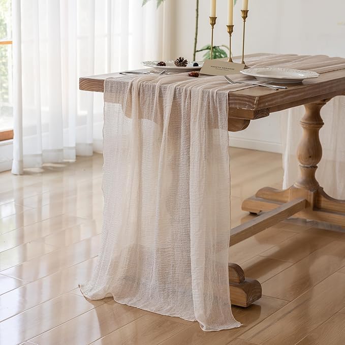Beige Gauze Rustic Cheesecloth Table Runner 120 Inch 10 FT - Image 2