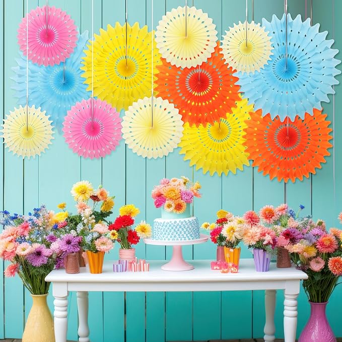 Outus 12 Pcs Hanging Honeycomb Paper Fans Sets, Fiesta Pastel Party Decorations - Image 4
