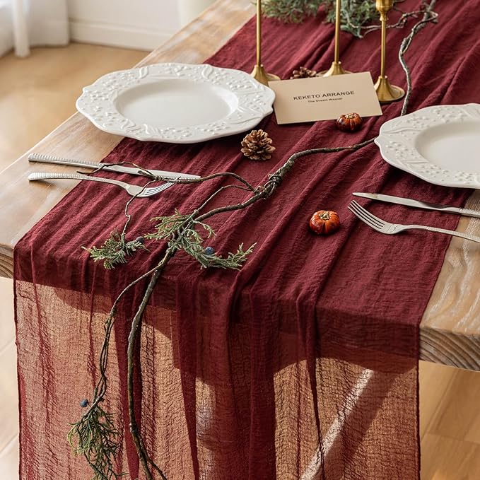 Burgundy Christmas Table Runner Decor Red Cheesecloth Gauze 120 Inch 10 FT by KEKETOARRANGE
