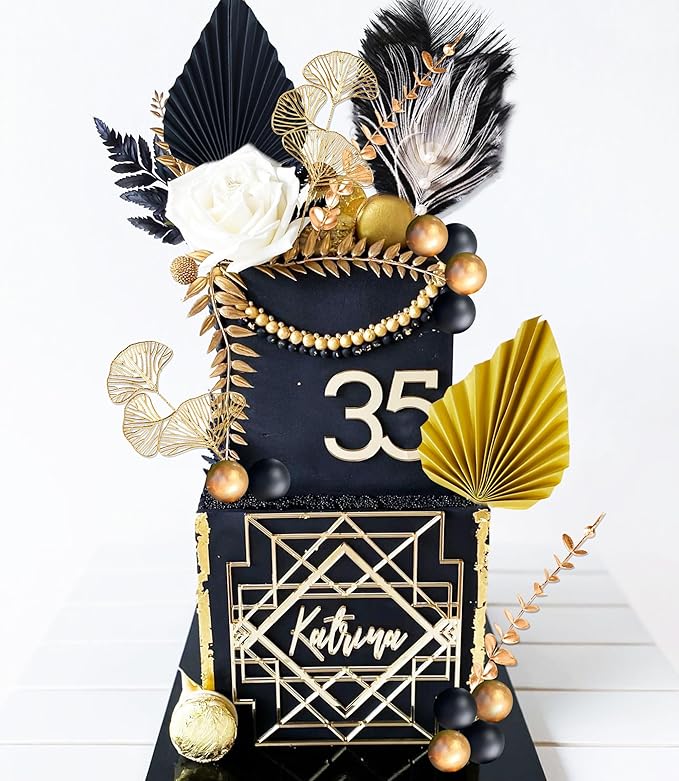 Boho Cake Topper Man Cake Toppers Happy Birthday Cake Topper Black Gold Balls - Image 4