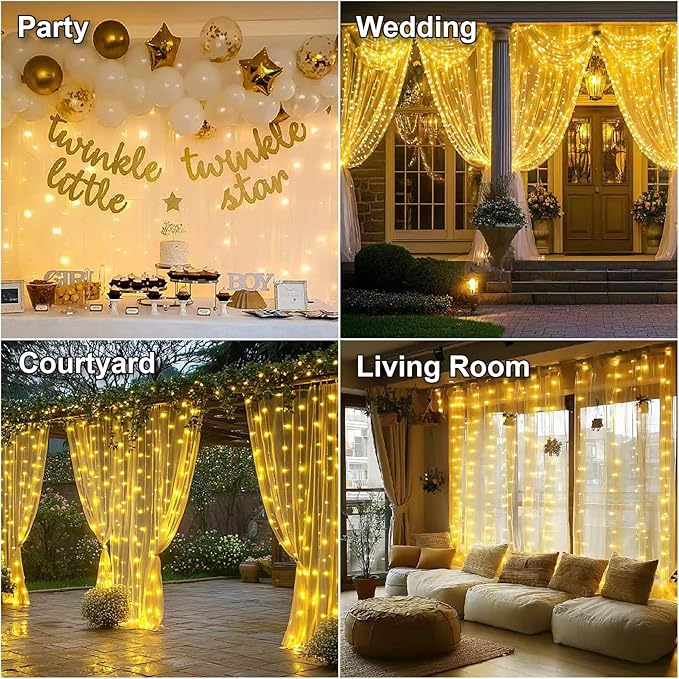 HXWEIYE 300LED Fairy Curtain Lights, 9.8x9.8Ft USB Plug-in 8 Modes Christmas - Image 6