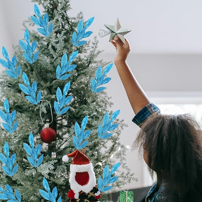 GREENTIME 12 Pack Artificial Blue Glitter Leaves 13" Fake Christmas Picks - Image 6