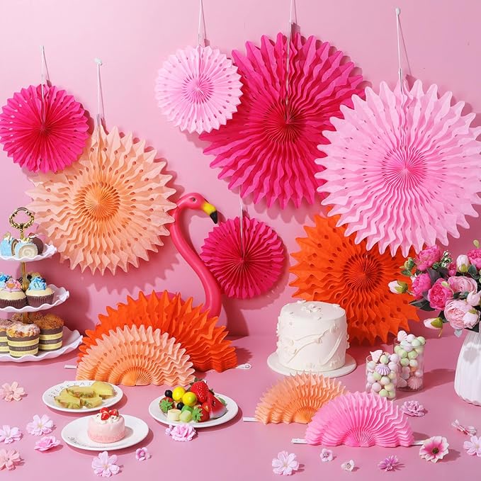 Outus 12 Pcs Hanging Honeycomb Paper Fans Sets, Fiesta Pink and Orange Party - Image 3