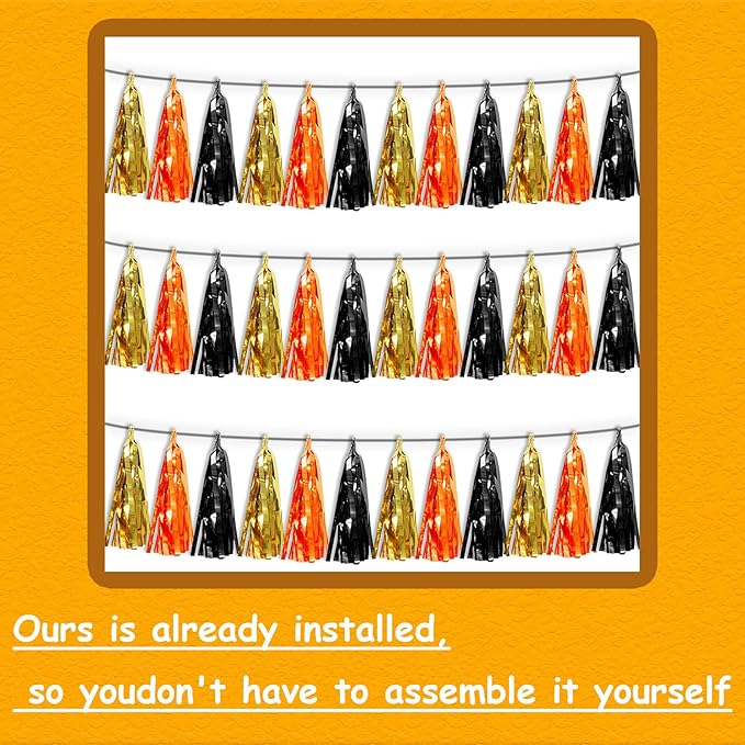 3P Orange Gold Black Metallic Fringe Tassel Banner Garland Foil Tinsel Streamer - Image 3