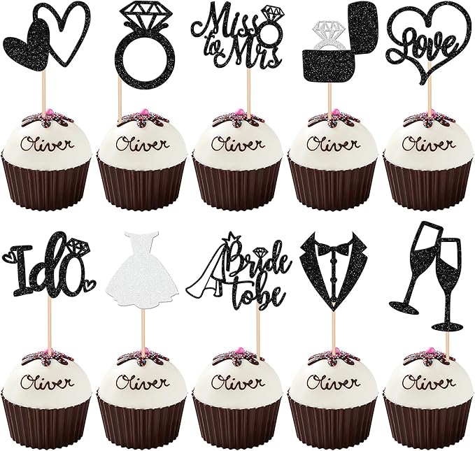 30 PCS Bride to Be Cupcake Toppers Glitter Miss to Mrs I Do Love Heart Ring by ZHUOWEISM