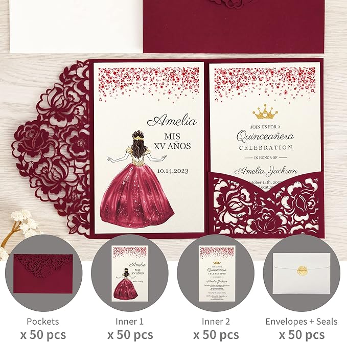 DORIS HOME 50pcs Laser Cut Quinceanera Invitations Burgundy, 4.7x7.1 - Image 4