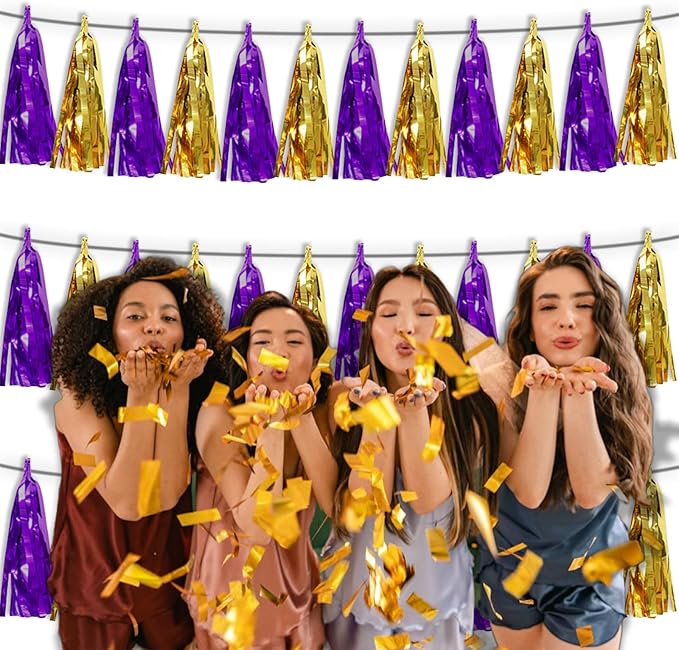 3P Purple Gold Metallic Fringe Tassel Banner Garland Foil Tinsel Streamer Wall - Image 6