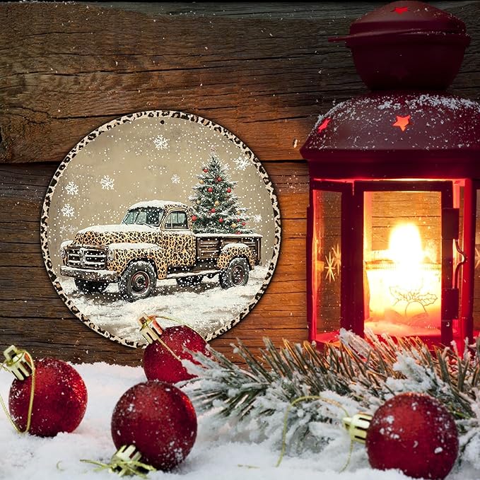 Round Leopard Truck Metal Tin Sign Rustic Wall Decor Christmas Wreath Sign - Image 5
