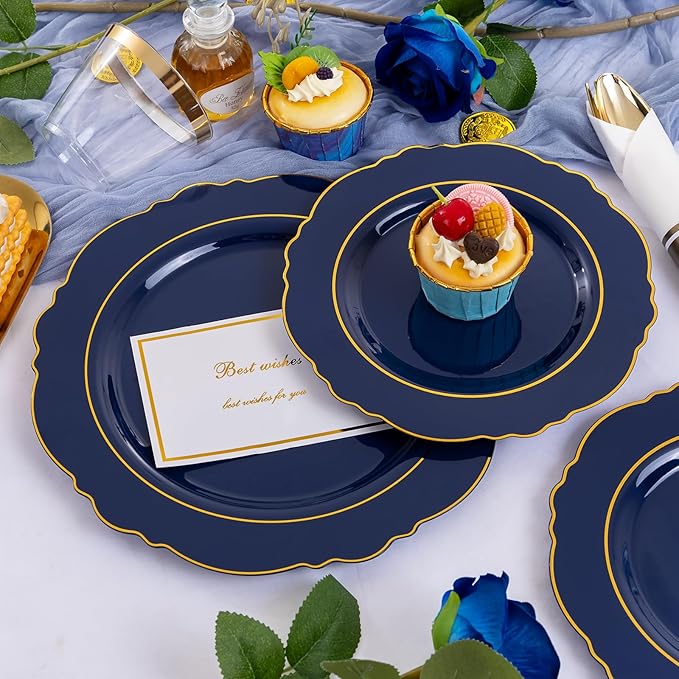 Liacere 350PCS Navy Blue Plastic Plates-Disposable Blue Gold Plates 50guest - Image 3
