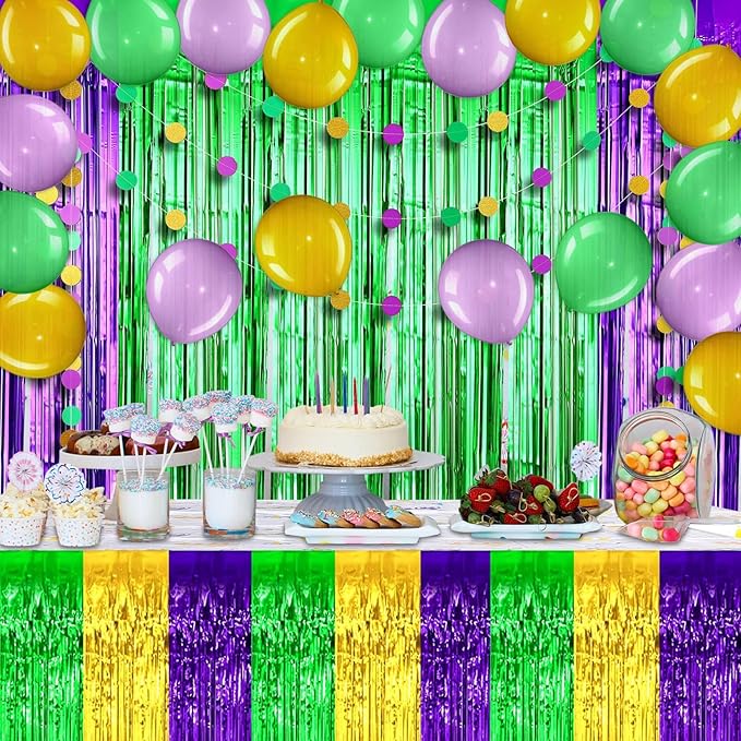 6 Pack 29x108 Inch Mardi Gras Metallic Foil Fringe Tinsel Table Skirts - Image 3