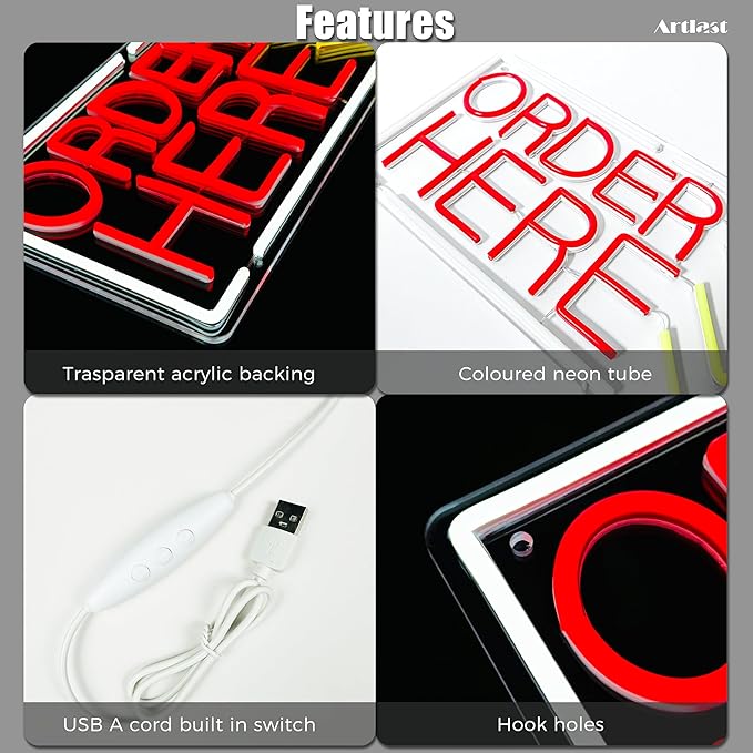 Order Here Neon Sign Red Light Up Order Here Sign - Image 4
