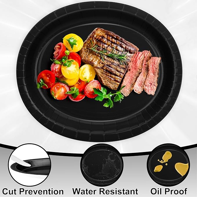 QZYL 50 Count Black Large Paper Plates, 12.2'' X 10.2'' Oval Disposable Plates - Image 3