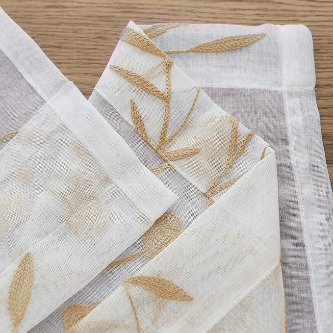 Sheer Curtains with Desin White-Beige Floral Embroidery 84 Inch Long Rod Pocket - Image 7