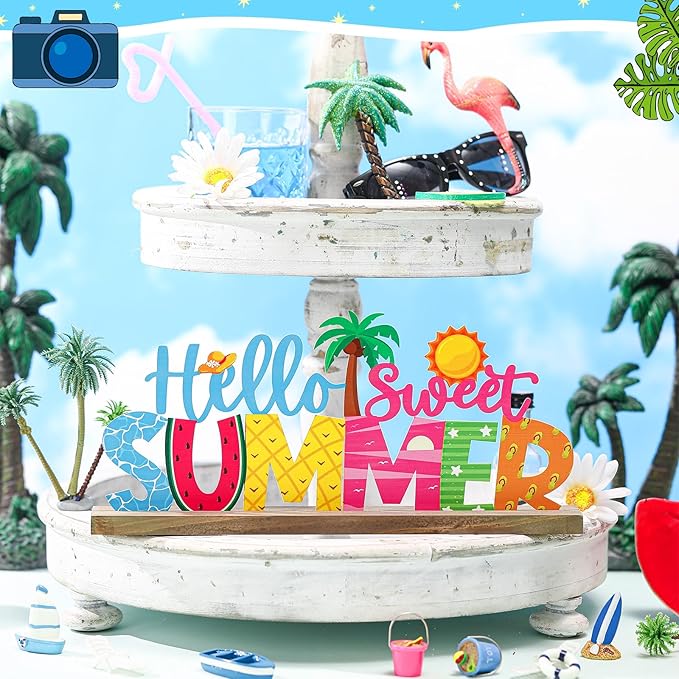 Hello Sweet Summer Metal Sign Rustic Table Decor Holiday Tiered Tray Decor - Image 5
