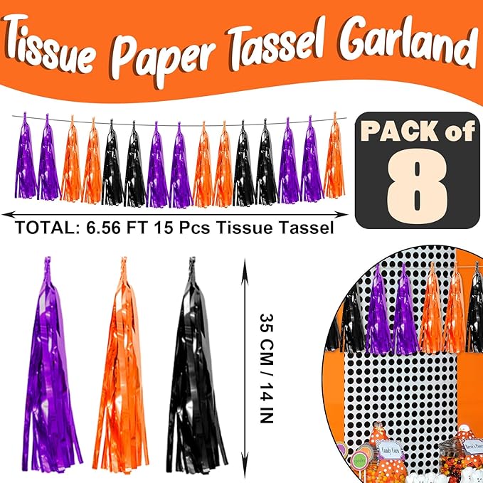 8P Purple Black 0range Foil Fringe Metallic Tassel Streamers Banner Tassel - Image 2