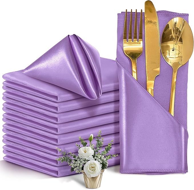 50 Pieces Lavender Satin Napkins, Silky Soft Smooth Washable Napkins by Eychei