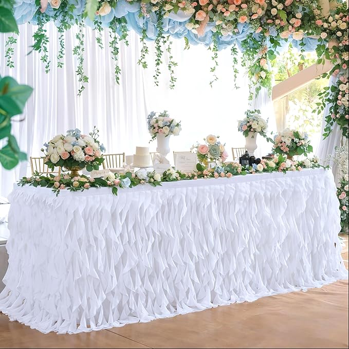 Partisky White Tulle Curly Willow Table Skirt by Partisky