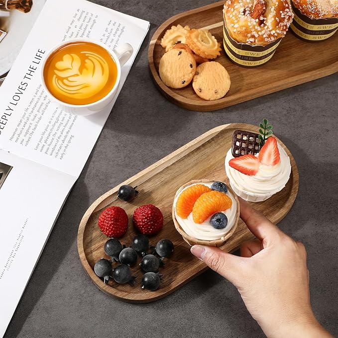 Wenqik 18 Pieces Acacia Wood Tray Set 10 x 5 Inch Acacia Oval Wood Tray - Image 4