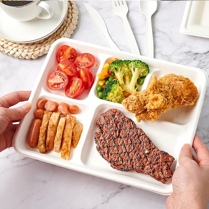 ECOLipak 100% Compostable 5 Compartment Plates, 125 Pack Disposable Paper Plates - Image 4