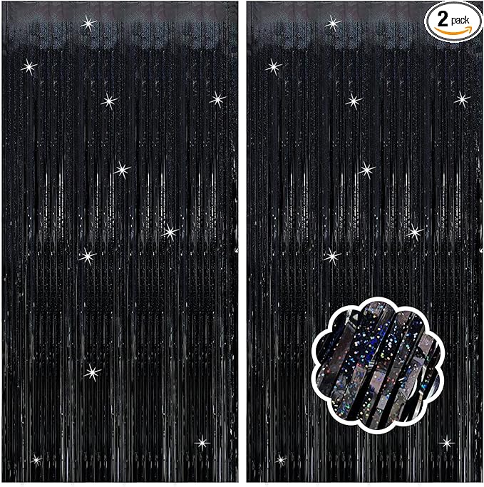 2 Pack Black Foil Fringe Curtain Backdrop Black Streamers Tinsel Backdrop by Unknown