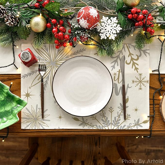 Artoid Mode Beige Snowflake Let It Snow Winter Placemats Set of 4, 12x18 Inch - Image 2