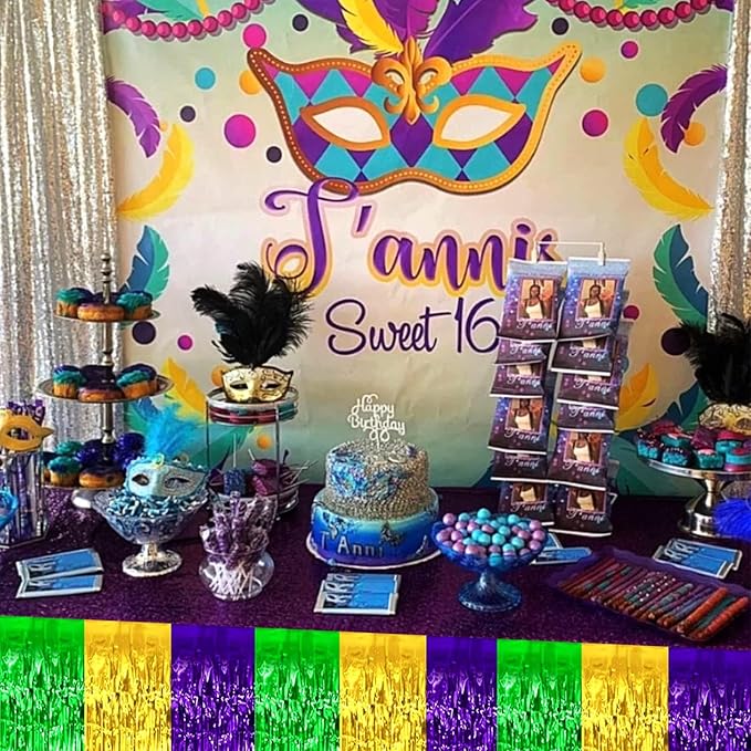 6 Pack 29x108 Inch Mardi Gras Metallic Foil Fringe Tinsel Table Skirts - Image 5
