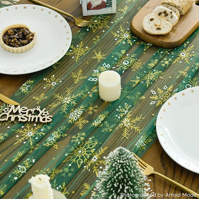 Artoid Mode Green Gold Snowflakes Christmas Gauze Table Runner 120 Inch 10FT - Image 4