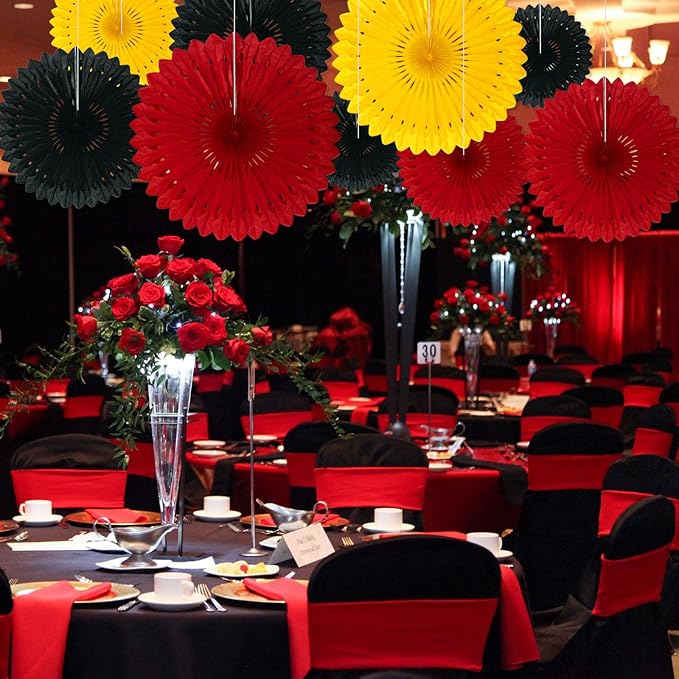 18 Pcs Black Red Yellow Hanging Honeycomb Paper Fans, Round Paper Fan - Image 5
