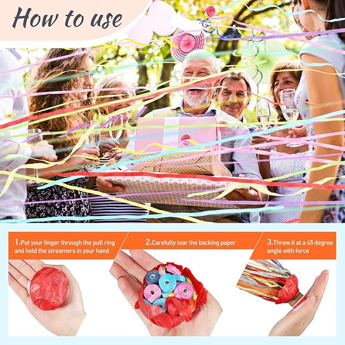 No Mess Streamers 50pack, Colorful Confetti Poppers, Hand Throw Party Poppers - Image 3