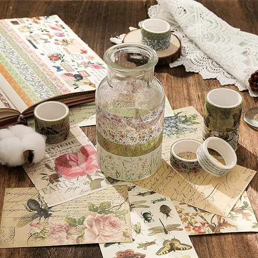 24 Rolls Vintage Washi Tape Set, Floral Letter Butterfly Mushroom Botanical - Image 8