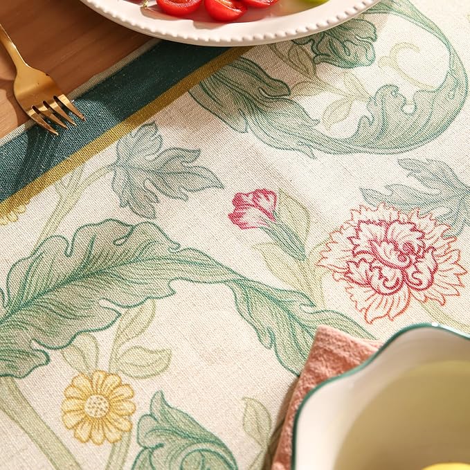 patdrea Designer Green Floral Table Runner, French Elegant Vibrant Rustic Linen - Image 3