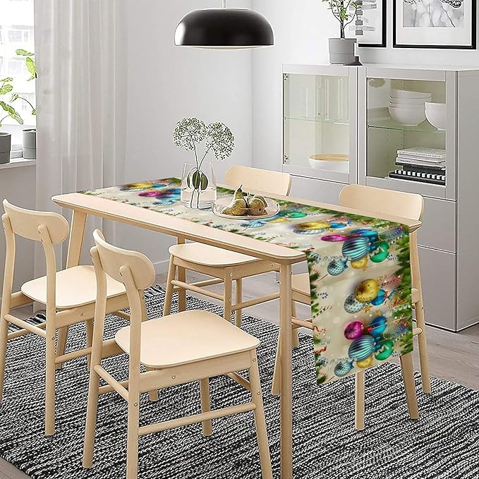 Christmas Table Runner, Colorful Balls Xmas Tree Snowflake Pattern Print - Image 6