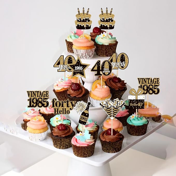 36PCS Happy 40th Birthday Cupcake Toppers Double Sided Black Gold Forty Hello - Image 5