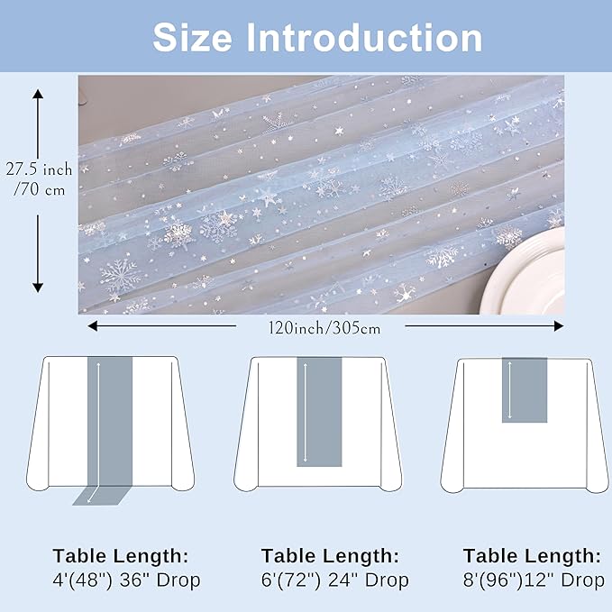 Snowkingdom Silver Snowflake Christmas Table Runner, 10ft Blue Cheesecloth - Image 3