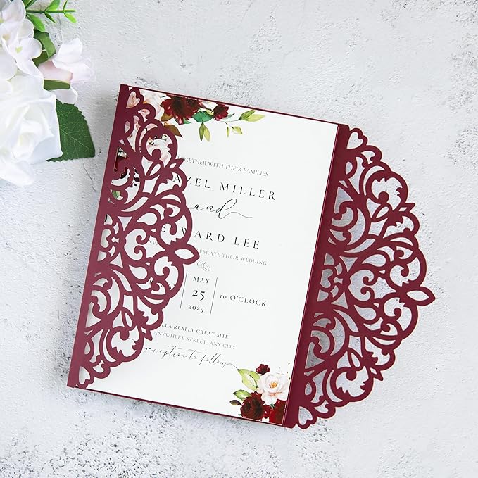 20Pcs Burgundy Laser Cut Invitation Cards - Image 4
