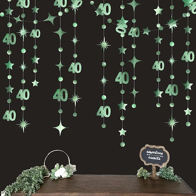 Sage Green 40th Birthday Decorations Number 40 Circle Dot Twinkle Star Garland - Image 4