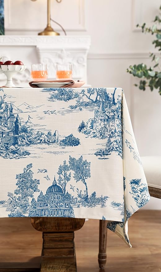 patdrea Designer Square Cyan Tablecloth, Vintage Linen - Image 8