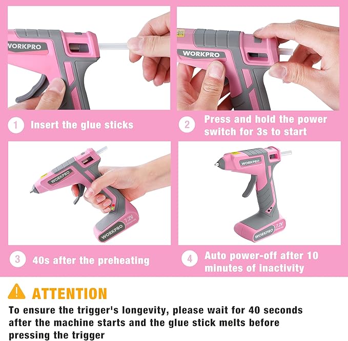 WORKPRO Pink Cordless Hot Melt Glue Gun, 7.2V Rechargeable Fast Preheating Glue - Image 7