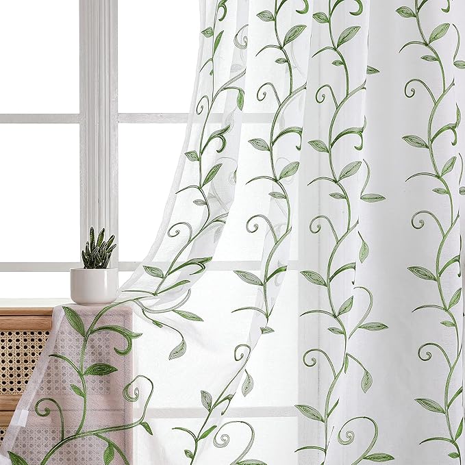 VISIONTEX Embroidered Green Sheer Voile Curtains, Leaves Embroidery Faux Linen by VISIONTEX