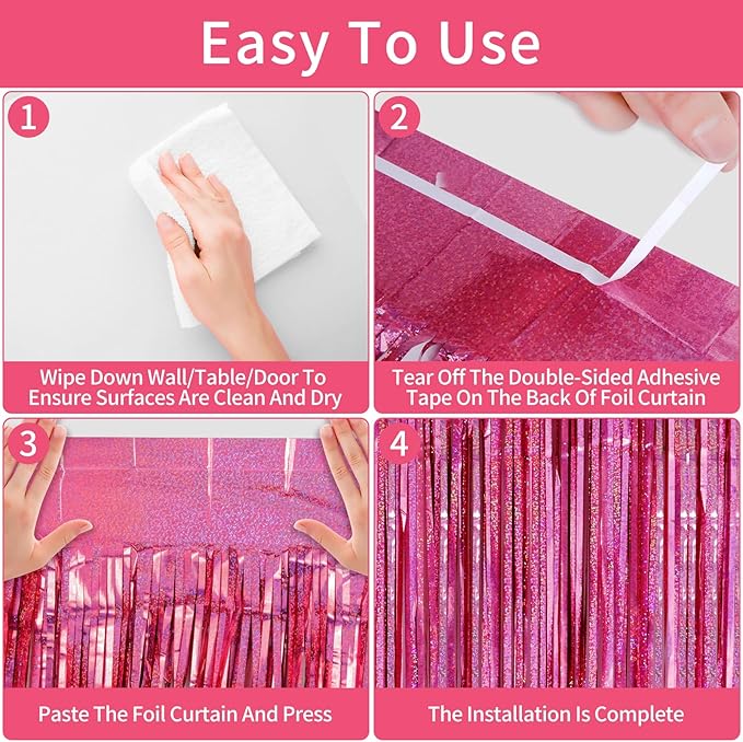 Picoway 4 Pack Pink Foil Fringe Tinsel Backdrop Curtains, Birthday Engagement - Image 5
