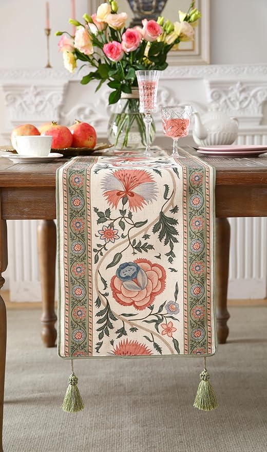 ISAENNE Designer Vintage Linen Table Runner 87 Inches Long, Elegant Floral - Image 4