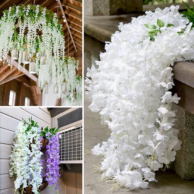 5 Pack White Wisteria Hanging Flowers Garland, 3.77 Feet Artificial Flower Vines - Image 5