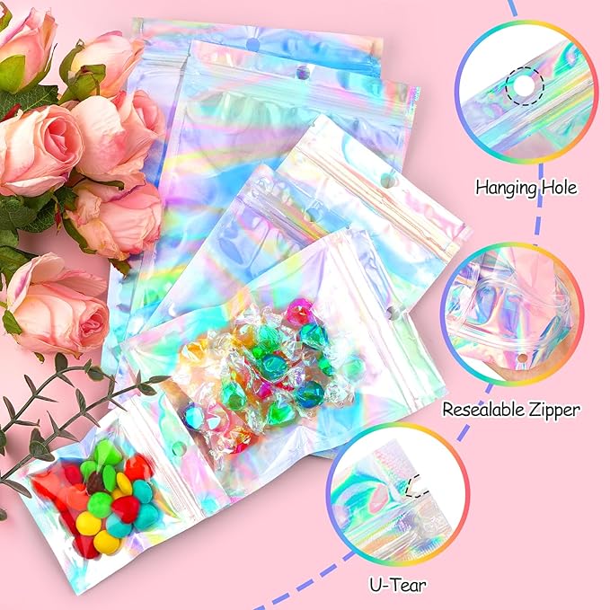 Funfery 100 Pack Smell Proof Holographic Bags Clear Window Resealable Bags - Image 4