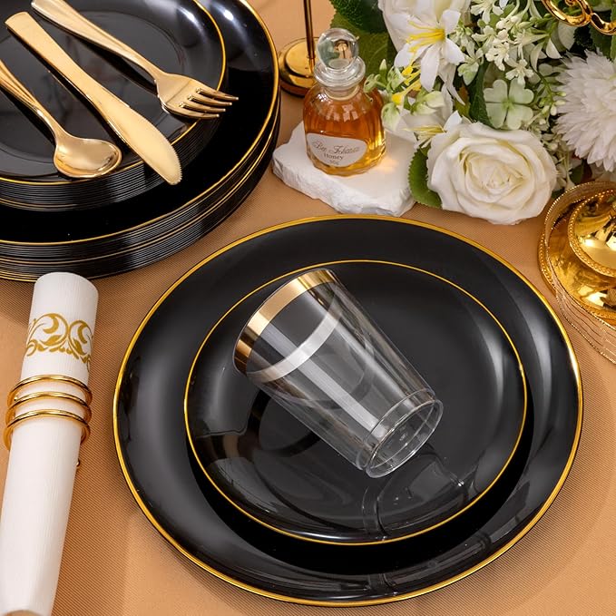 Supernal 350pcs Black & Gold Plastic Dinnerware Set, Elegant Black Plates - Image 9