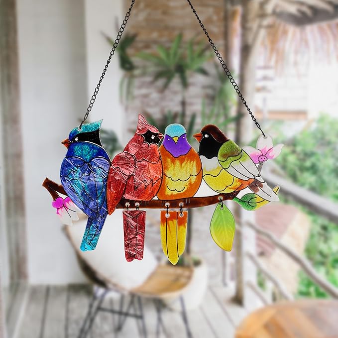Stained Glass Window Hanging, Birds on A Branch Stain Glass Suncatcher - Image 4