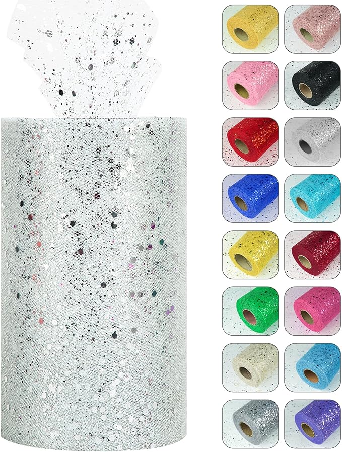 Glitter Tulle Rolls, 6” by 50 Yards Sparkling Tulle Spool Ribbon Sequin Tulle by Miegecha