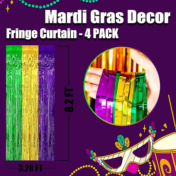 4 Pack Mardi Gras Foil Fringe Curtain Backdrop, 3.28Ft x 8.2Ft Gold Green - Image 2