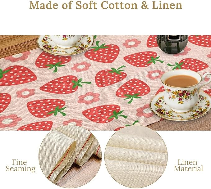 Strawberry Table Runner Spring Summer Fruit Pink Berry Forest Garden Dinner - Image 5