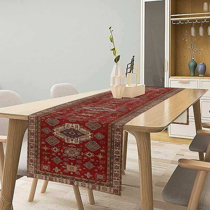 Boho Floral Vintage Table Runner, Retro Red Brown Flower Rustic Country - Image 3