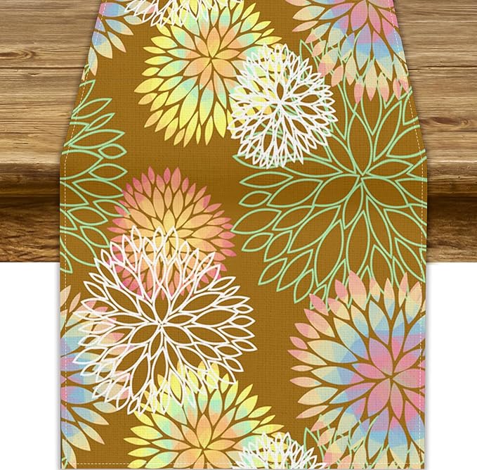 Brown Grey Dahlia Flower Table Runner, Linen Geometric Pattern Floral Table by ShiTingYu